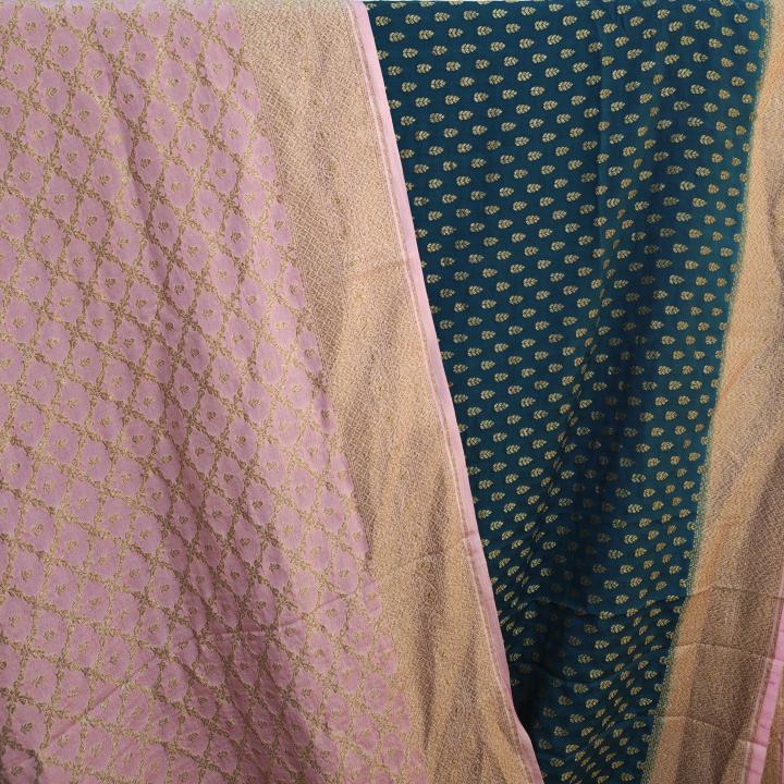 Teal Blue & Peach-Pink Floral Butti Saree