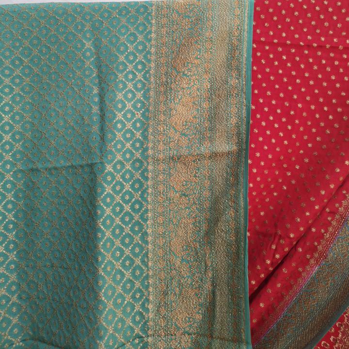 Crimson Red & Teal Blue Saree