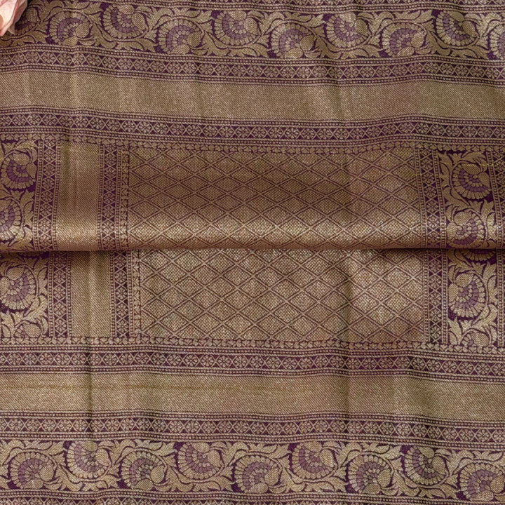 Royal Wine Semi-Silk Saree with Lavender Contrast & Gold Zari Border
