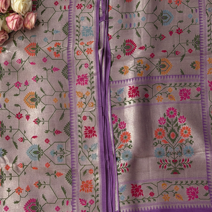 Ethereal Lavender-Silver Semi-Silk Saree with Meenakari Floral Jaal