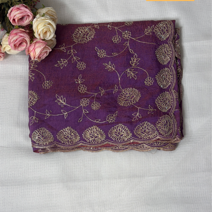 Royal Purple Semi-Silk Saree with Scalloped Floral Embroidery
