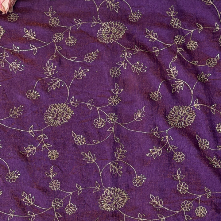 Royal Purple Semi-Silk Saree with Scalloped Floral Embroidery