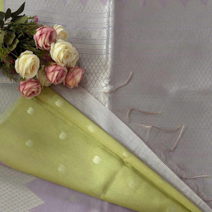 Silver-Lilac Semi-Silk Saree with Grand Temple Zari Border