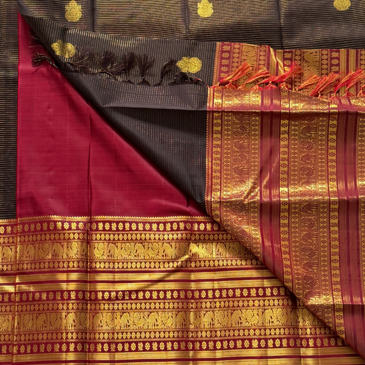 Midnight Black & Maroon Elegance Kanjivaram Saree