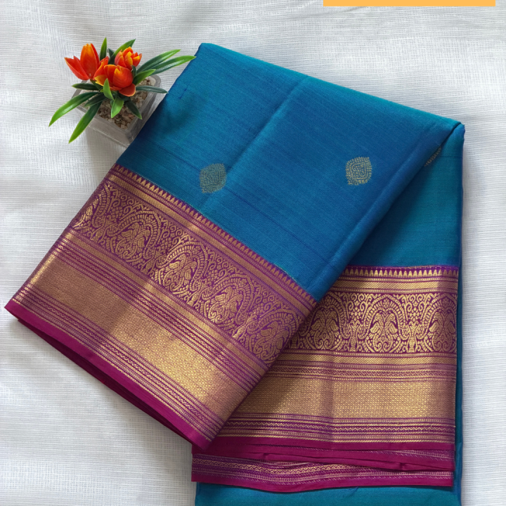 Vibrant Cyan & Magenta Peacock Kanjivaram Saree