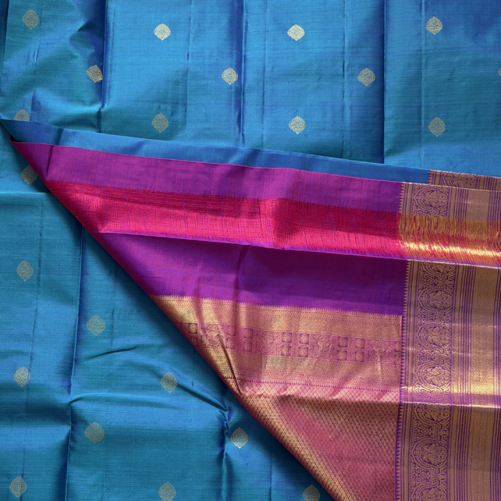 Vibrant Cyan & Magenta Peacock Kanjivaram Saree