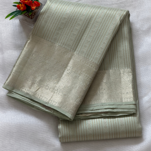 Sage Green Striped Silk with Silver Zari Kanjivaram Saree