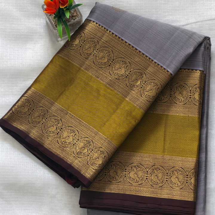 Mustard Gold Silk Saree with Traditional Gold Zari Border