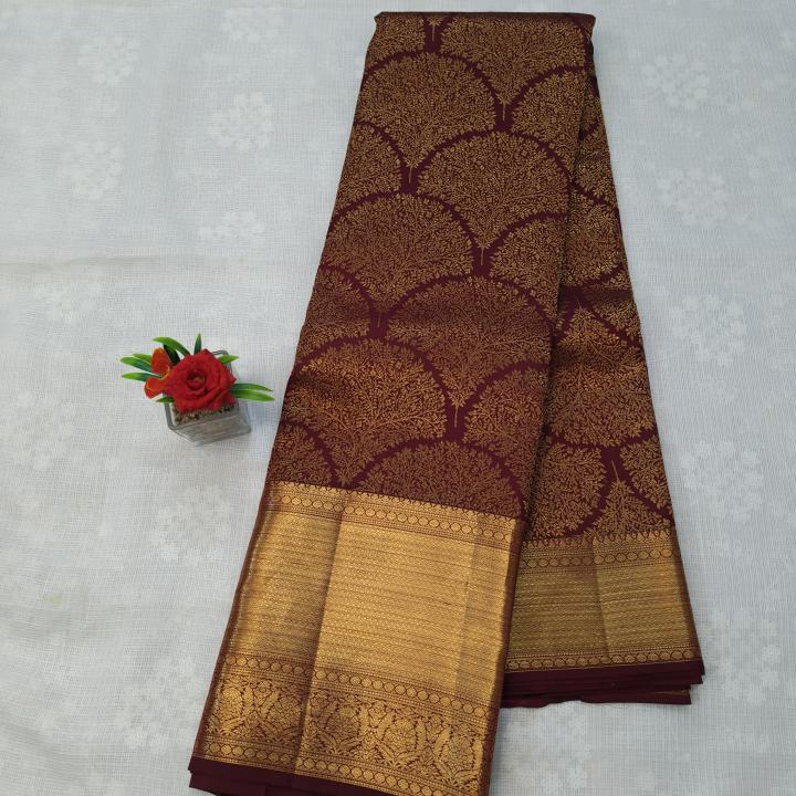 Deep Maroon Silk Saree with Gold Zari Tree Motifs