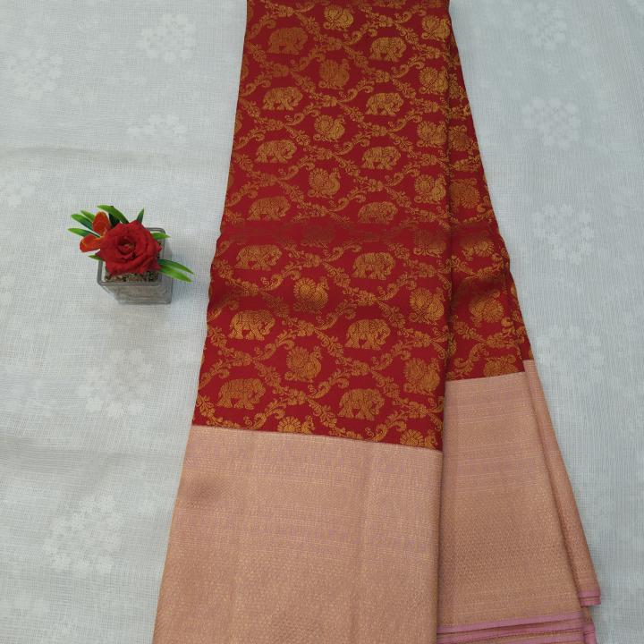 Crimson Red Silk Saree with Rose Gold Zari Border