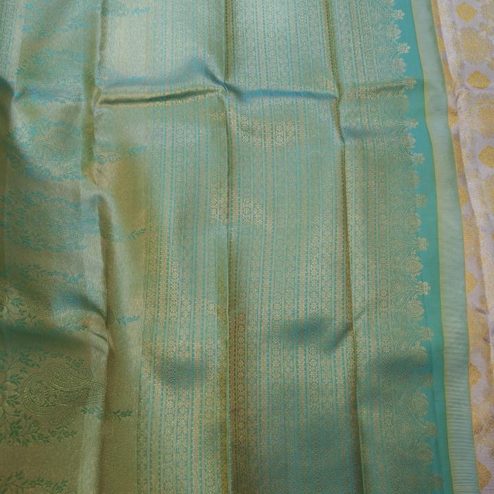 Kanchipuram Cream and Mustard Yellow Silk Saree with Contrast Green Zari Border