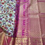 Pure Silk Kalamkari Saree with Contrast Ornate Pink Gold Zari Border