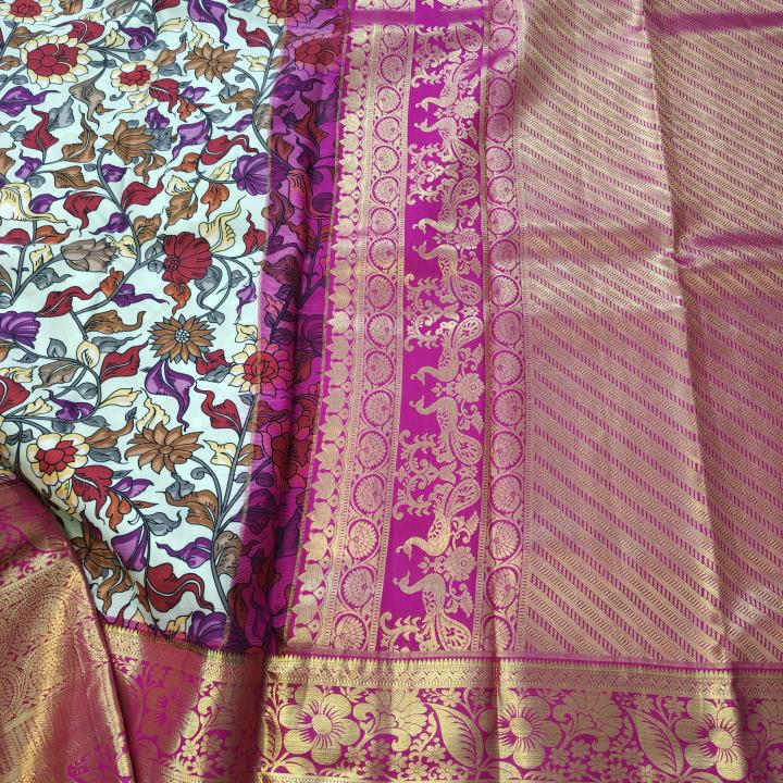 Pure Silk Kalamkari Saree with Contrast Ornate Pink Gold Zari Border