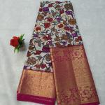 Pure Silk Kalamkari Saree with Contrast Ornate Pink Gold Zari Border