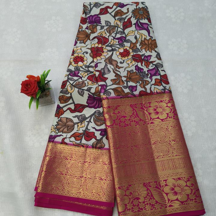 Pure Silk Kalamkari Saree with Contrast Ornate Pink Gold Zari Border