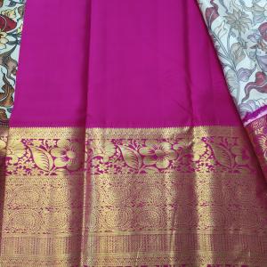 Pure Silk Kalamkari Saree with Contrast Ornate Pink Gold Zari Border