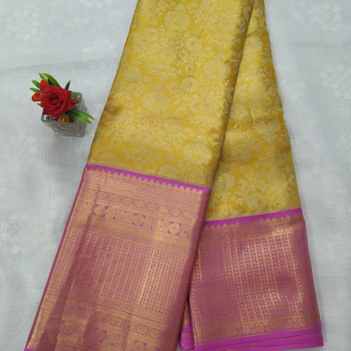 Kanchipuram Mustard Gold Silk Saree with Contrast Pink Zari Border