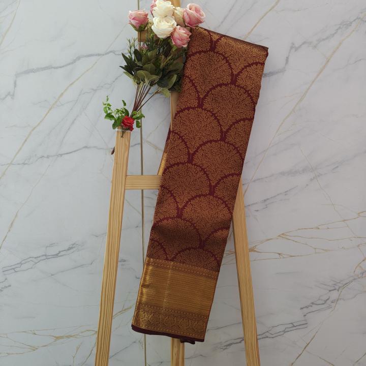 Deep Maroon Silk Saree with Gold Zari Tree Motifs