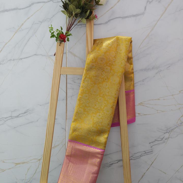 Kanchipuram Mustard Gold Silk Saree with Contrast Pink Zari Border