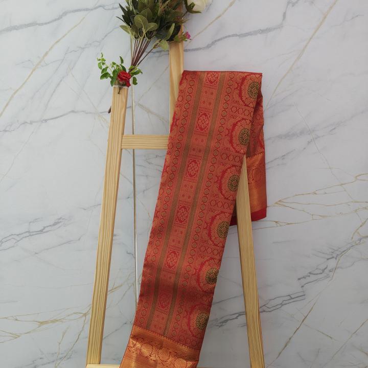 Kanchipuram Crimson Red Silk Saree with Traditional Gold Zari Borders and Meenakari Accents