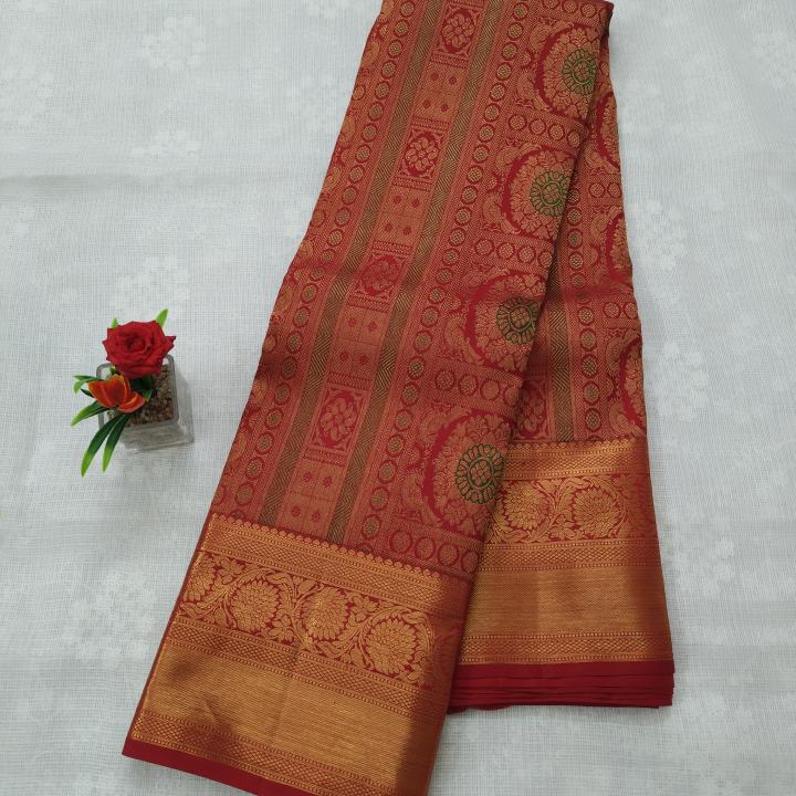 Kanchipuram Crimson Red Silk Saree with Traditional Gold Zari Borders and Meenakari Accents