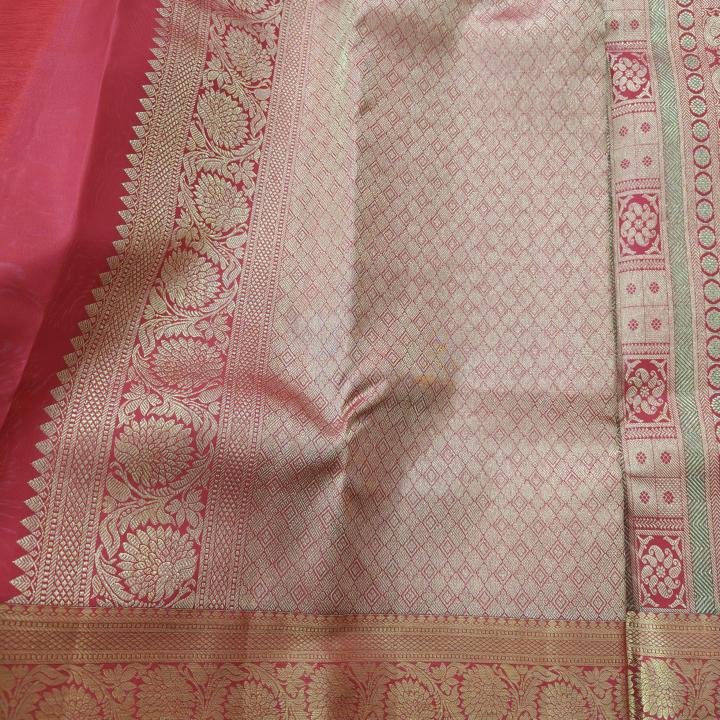 Kanchipuram Crimson Red Silk Saree with Traditional Gold Zari Borders and Meenakari Accents