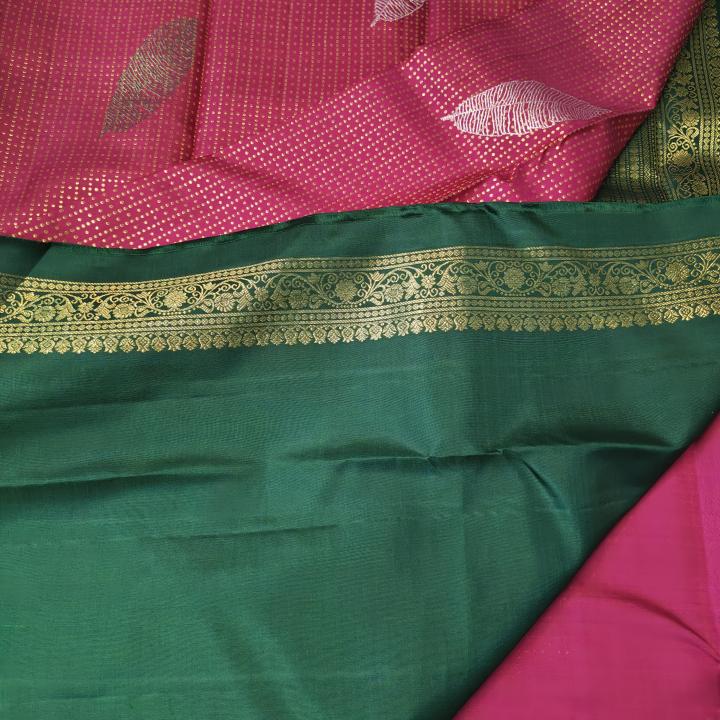 Kanchipuram Deep pink Silk Saree with Modern Leaf Motifs and Fine Zari Grid