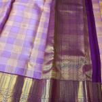 Kanchipuram Pink and Peach Checked Silk Saree with Gold Zari Border