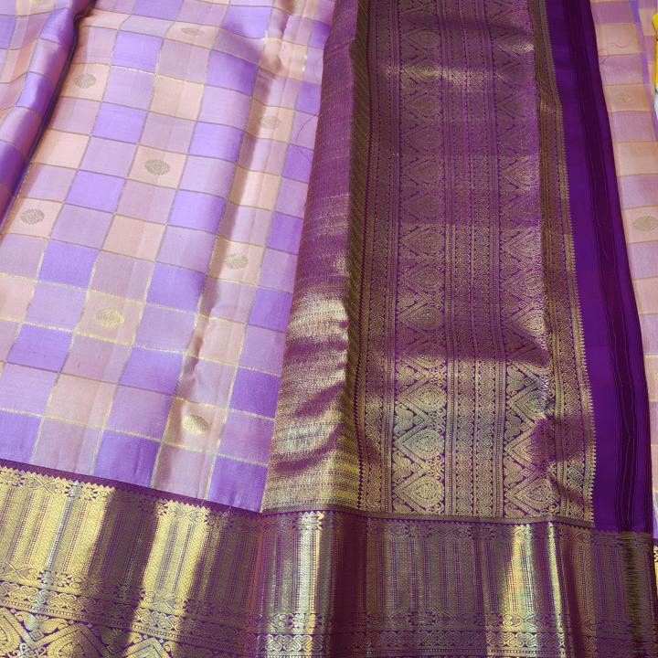 Kanchipuram Pink and Peach Checked Silk Saree with Gold Zari Border