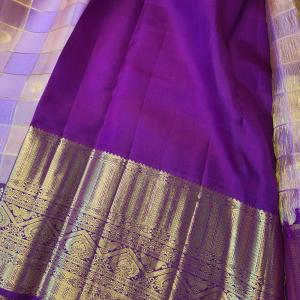 Kanchipuram Pink and Peach Checked Silk Saree with Gold Zari Border