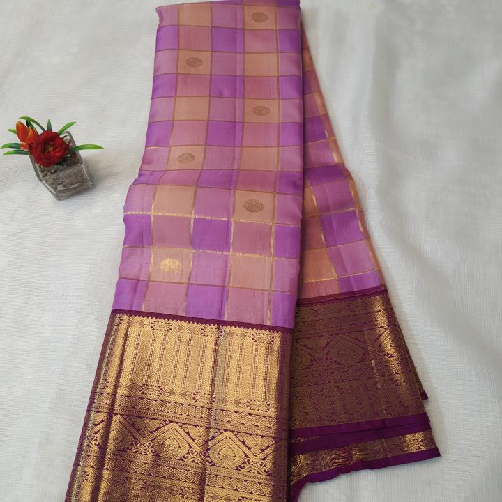 Kanchipuram Pink and Peach Checked Silk Saree with Gold Zari Border