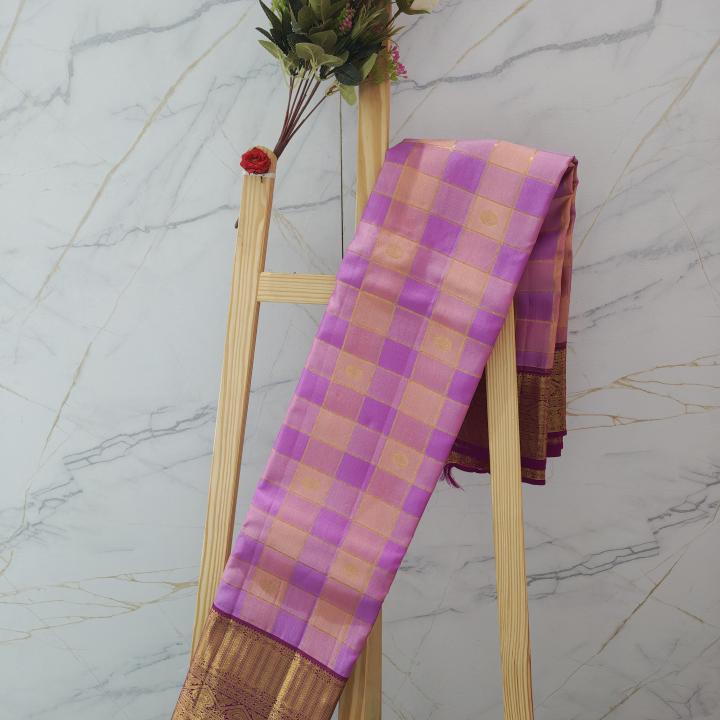 Kanchipuram Pink and Peach Checked Silk Saree with Gold Zari Border