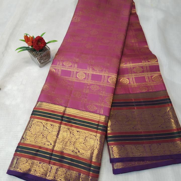 Magenta Pink Checked Silk Saree with Multi-Color Zari Border