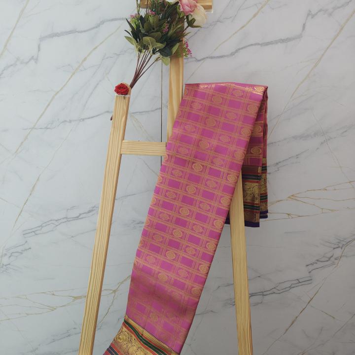 Magenta Pink Checked Silk Saree with Multi-Color Zari Border