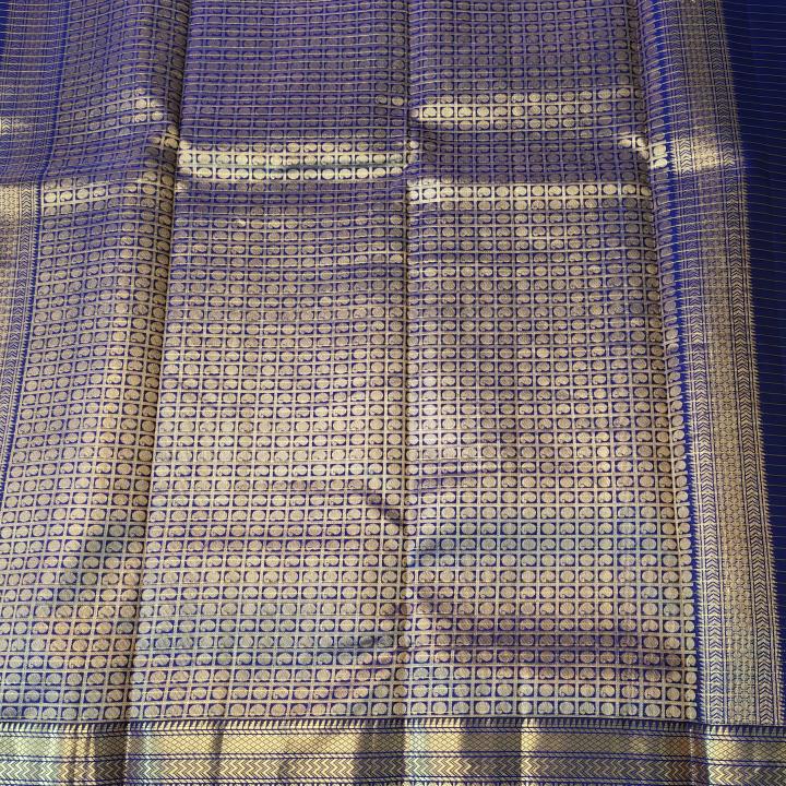 Royal Blue Checked Silk Saree with Traditional Gold Zari Border