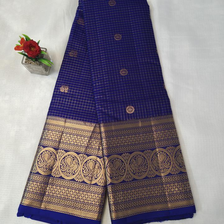 Royal Blue Checked Silk Saree with Traditional Gold Zari Border