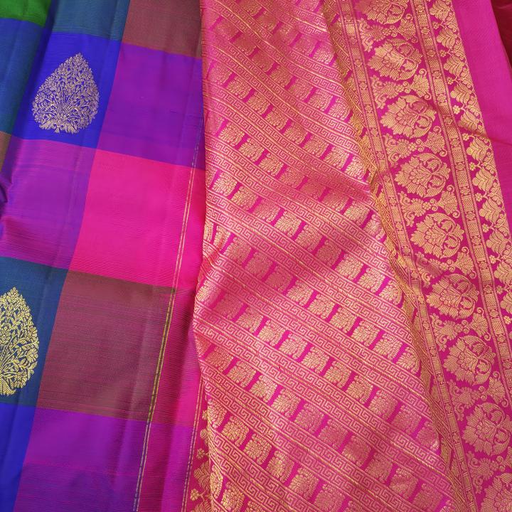 Multi-Color Block Silk Saree with Gold Zari Mango Motifs
