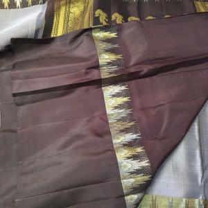 Muted Dove Grey & Dark Chocolate Brown Silk Saree with Temple Zari Border