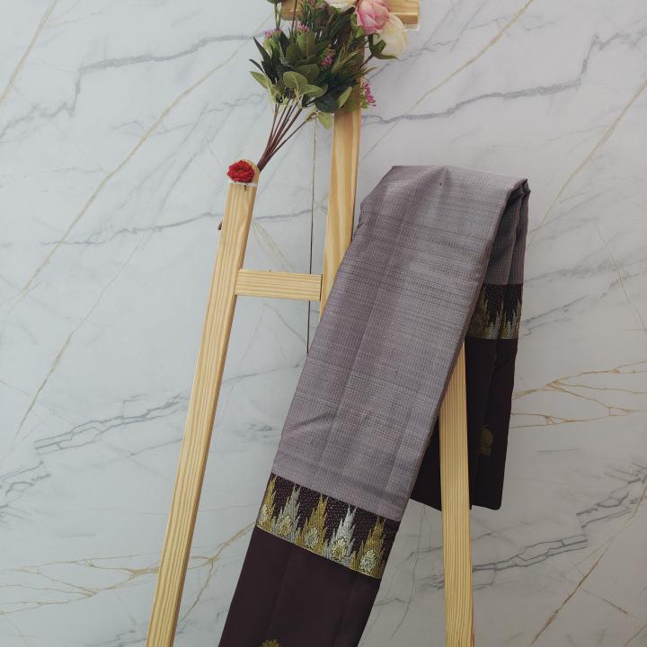 Muted Dove Grey & Dark Chocolate Brown Silk Saree with Temple Zari Border