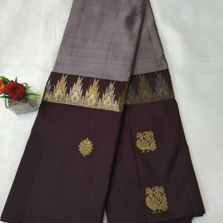Muted Dove Grey & Dark Chocolate Brown Silk Saree with Temple Zari Border