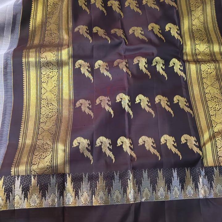 Muted Dove Grey & Dark Chocolate Brown Silk Saree with Temple Zari Border