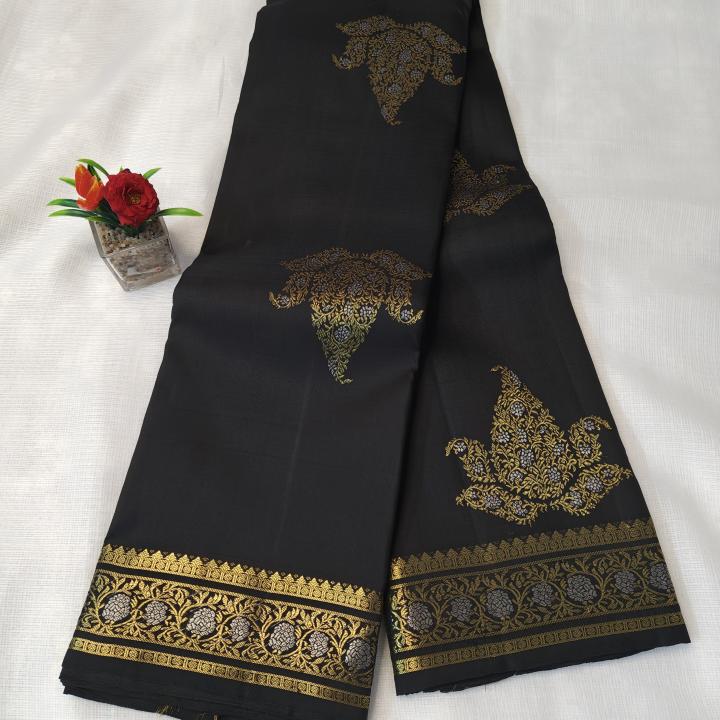 Jet Black Silk Saree with Gold and Silver Zari Lotus Motifs