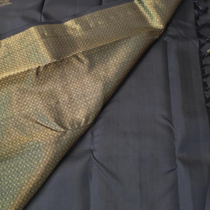 Jet Black Silk Saree with Gold and Silver Zari Lotus Motifs
