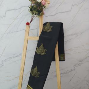 Jet Black Silk Saree with Gold and Silver Zari Lotus Motifs