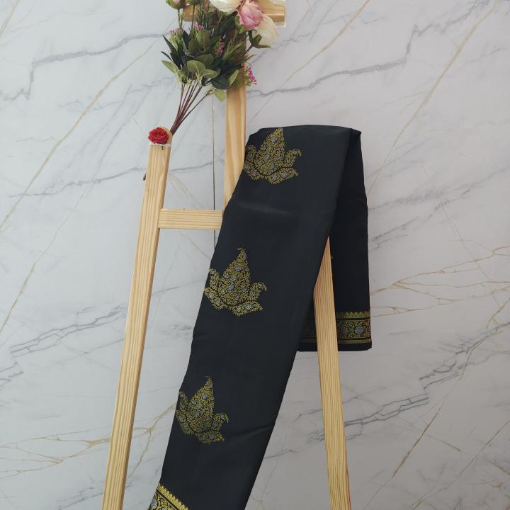 Jet Black Silk Saree with Gold and Silver Zari Lotus Motifs