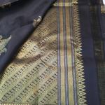 Jet Black Silk Saree with Gold and Silver Zari Lotus Motifs