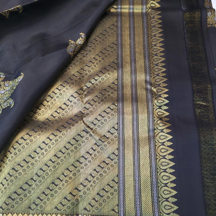 Jet Black Silk Saree with Gold and Silver Zari Lotus Motifs