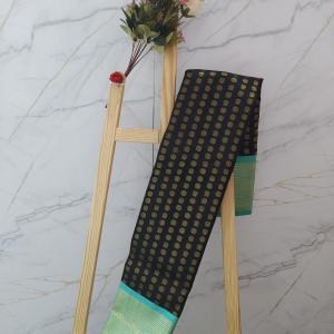 Jet Black Silk Saree with All-Over Gold Coin Buttas & Contrast Sea Green Border