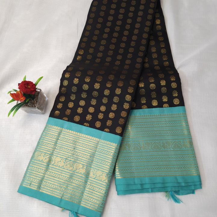 Jet Black Silk Saree with All-Over Gold Coin Buttas & Contrast Sea Green Border