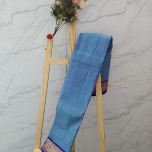 Peacock Blue Silk Saree with Contrast Purple Gold Zari Border